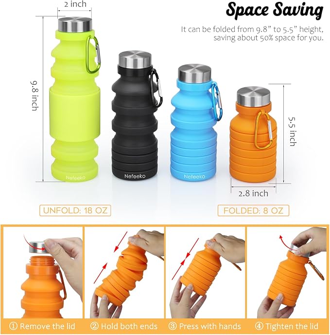Nefeeko Collapsible Water Bottle, Reuseable BPA Free Silicone Foldable Water