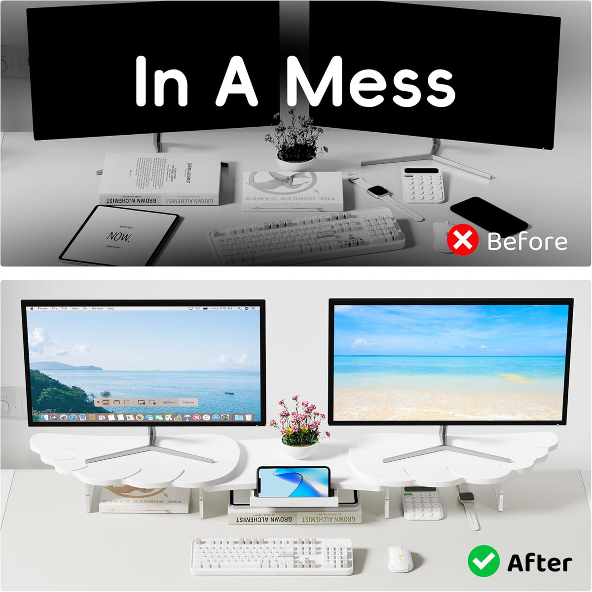 Dual Monitor Stand Riser, Wing-Shaped Sturdy Desktop Wood Stand for 2 Monitors, White Riser for Laptop, PC, Computer