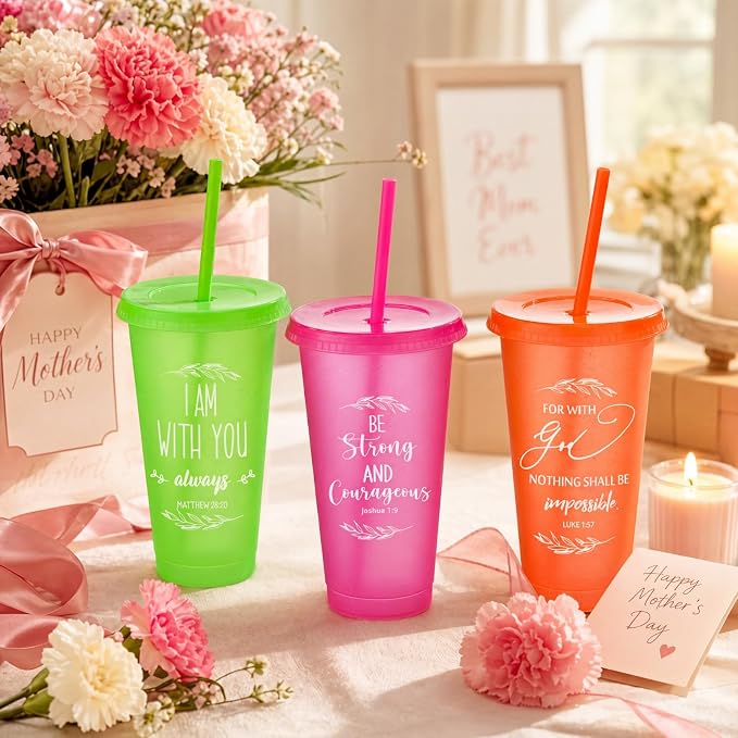 Havawish 24 Pcs Mothers Day Christian Tumbler Gift Bulk Religious Inspirational 24 oz Drinking Jesus Cup with Lid Straw Bible Verse Plastic Cup for Church Father Teacher First Communion (Colour)