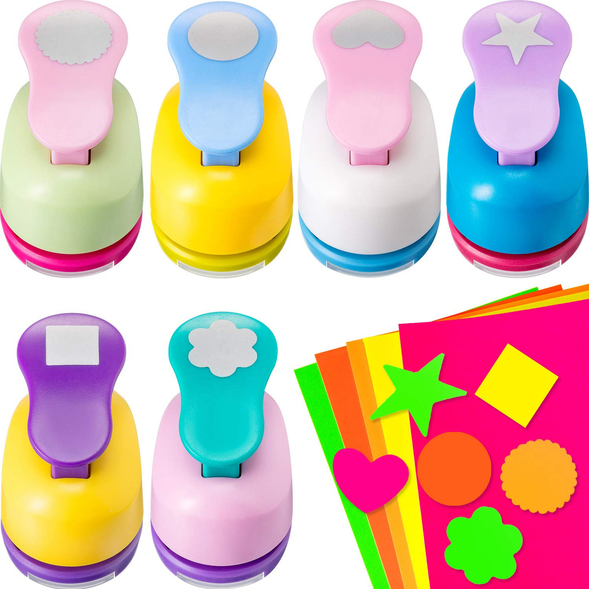 CHENGU 16 Pcs Craft Holes Punch Paper Punchers Scrapbook Punches with Craft Sticker Paper, Round, Star, Square, Heart, Flower, Wave Circle Shape(1 Inch,Multiple Styles)