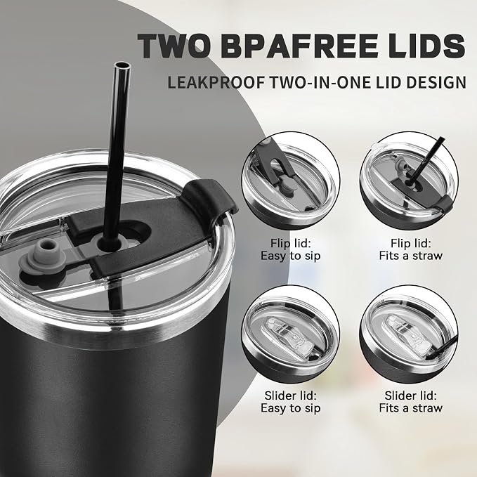 30 oz Tumbler with Lids and Straws, Stainless Steel Insulated Coffee Tumbler, Double Wall Vacuum Insulated Travel Mug Cup, Leakproof Thermal Coffee Cup for Hot and Cold Drinks (Black)