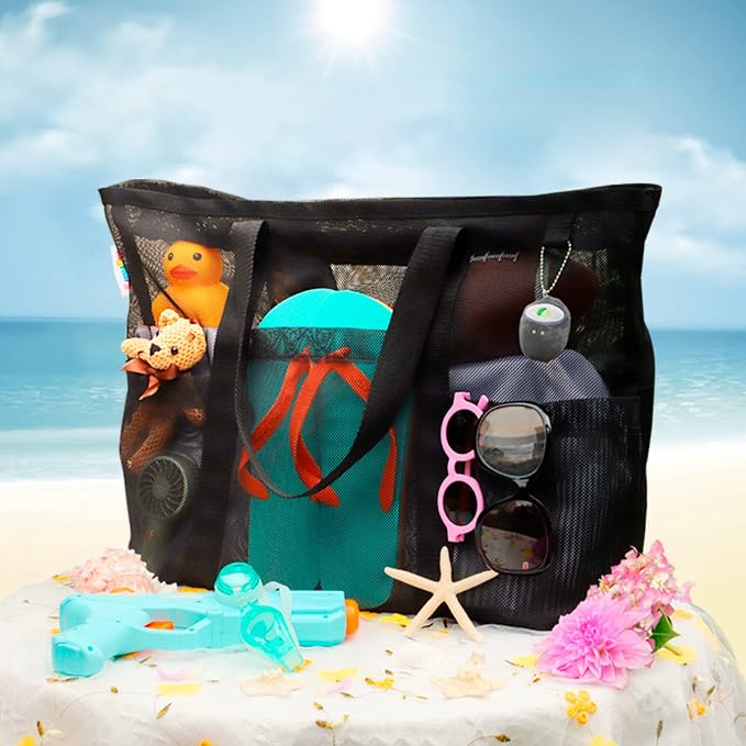 Tagitary Mesh Beach Bag with Zipper Large Beach Tote Waterproof Sandproof with