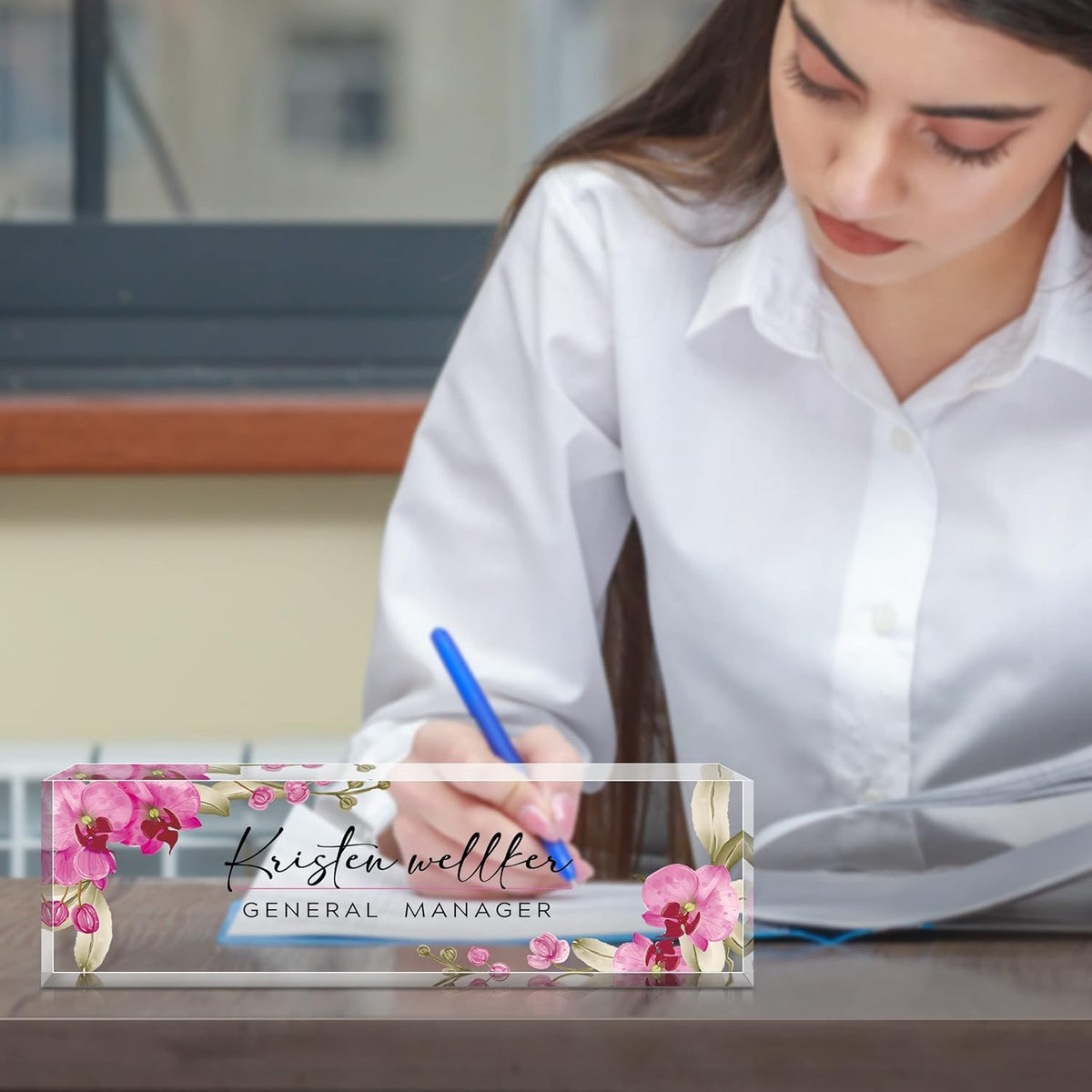 Desk Name Plate Personalized, Premium Butterfly Orchid Acrylic Desk Name Plate, Personalized Name Plate for Desk, Office Decor for Women or Men Coworkers, Boss, Employee, Teacher
