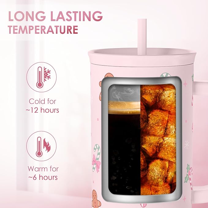 SANDJEST Christmas Theme 40oz Slider Tumbler with Handle and Straw - Insulated Stainless Steel Travel Coffee Mug for Women Girls, Gift for Birthday Xmas