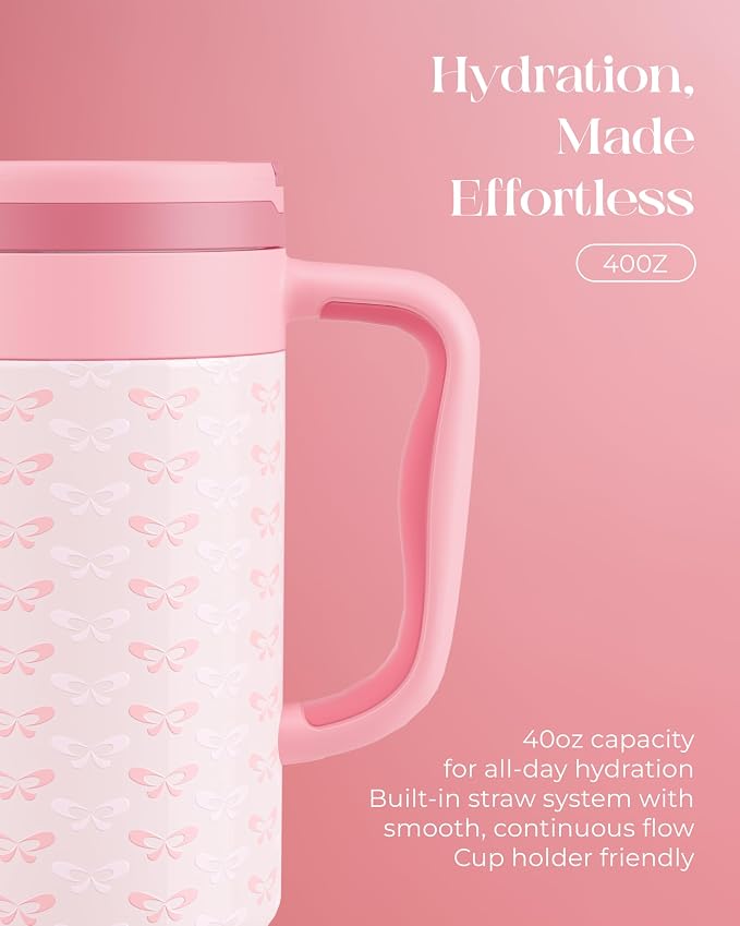 40 oz Insulated Tumbler with Handle and Push-Button Straw Lid, Stainless Steel Travel Cup for Gym Office, Leakproof, BPA-Free, Cup Holder Friendly, Bow Silicone Boot, Pink (Coquette Blush)