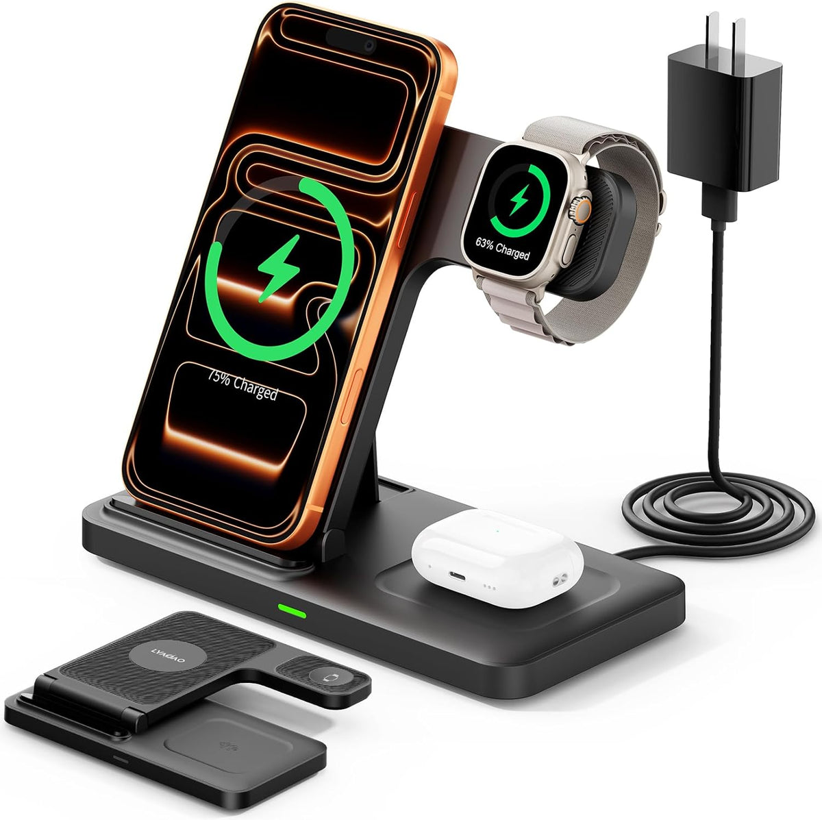 2025 3 in 1 Wireless Charger for iphone17 16 15 14 13 12 11 XR 8, Apple Charging Station for Apple Watch 10/9/Ultra/8/7/SE/6/5/4 & AirPods Series, Wireless Charging Station for Multiple Devices Apple