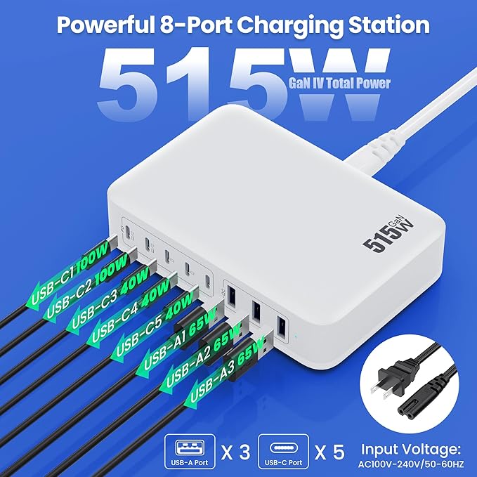USB C Charger Block 515W GaN IV 8 Port Fast Charging Station Hub, Dual PD 100W