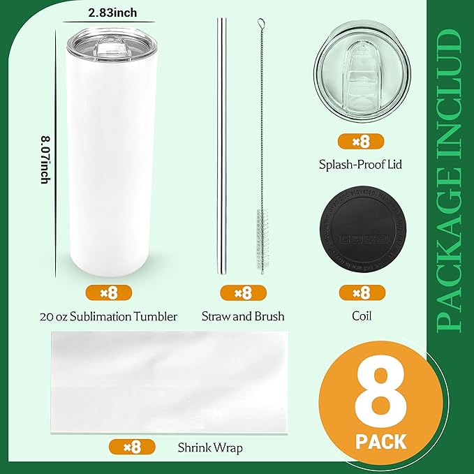 Joyclub 8 Pack Sublimation Tumblers Glow in the Dark 20 oz Bulk Blank Tumblers Skinny Straight Flat Bottom Cups White with Lid and Straw