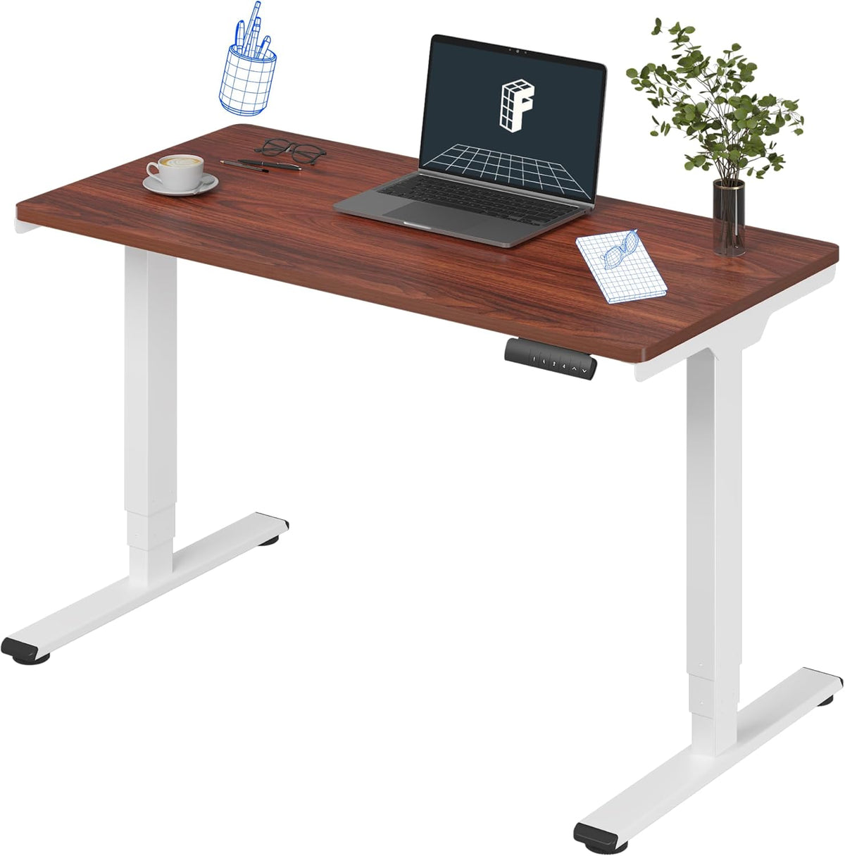 FLEXISPOT E6 Essential 3 Stages Dual Motor Electric Standing Desk 48x24 Inch Whole-Piece Board Height Adjustable Desk Electric Sit Stand Desk(White Frame + Mahogany Desktop, 2 Packages)