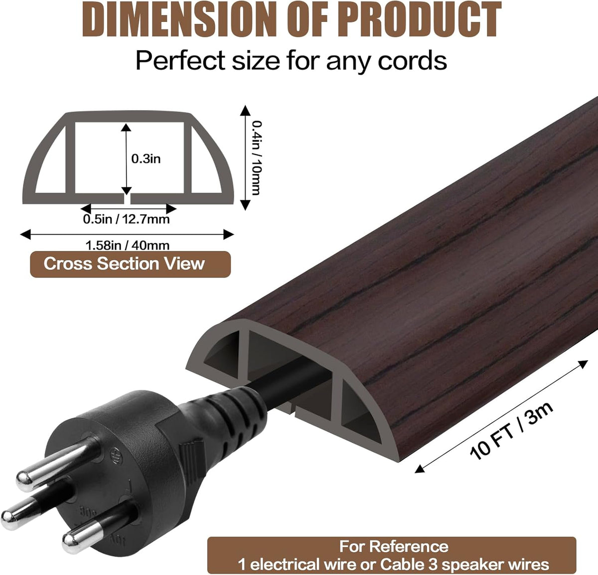 Floor Cord Cover Self Adhesive Cord Hider,10FT Cable Management, Extension Strip Protector for Wires, Prevent Cable Trips for Offices, Gyms, Exhibitions Cavity:0.51"(W) x 0.3"(H) Black Wood