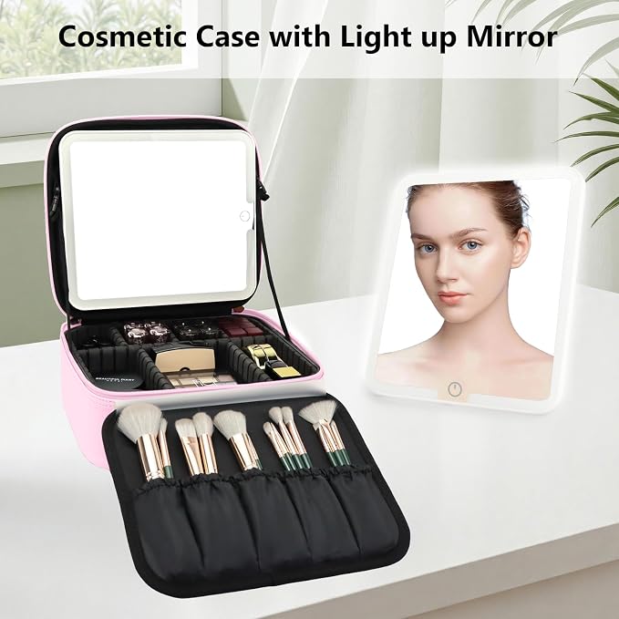Travel Makeup Bag with LED Mirror Travel Makeup Organizer with 3 Lighted