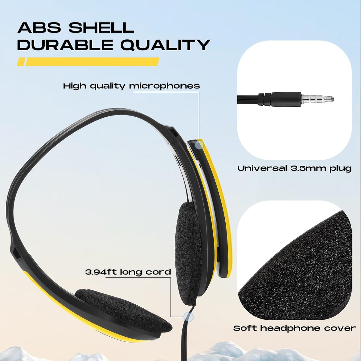 Yunsailing 20 Pack Bulk Classroom Headphones with Microphone Students Kids Wired School Class Set Headphones for School Library Computer Office Adults 3.5 Jack Universal Plug(Yellow)