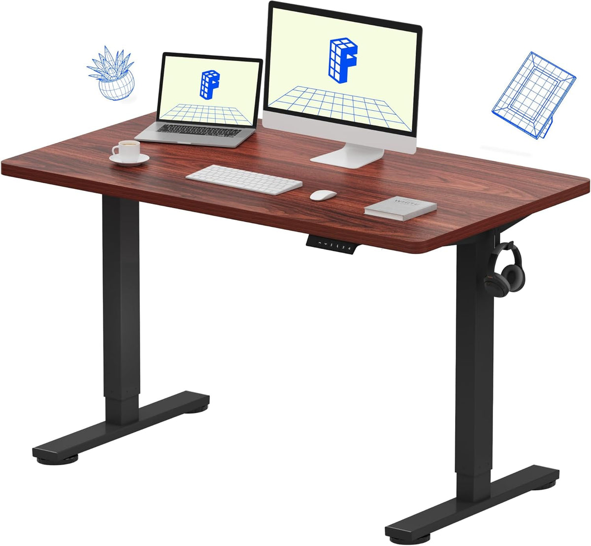 FLEXISPOT EN1 Whole-Piece Standing Desk, 48 x 24 Inches ElectricHeight Adjustable Desk for Home Office (Black Frame + Mahogany Top, 2 Packages)