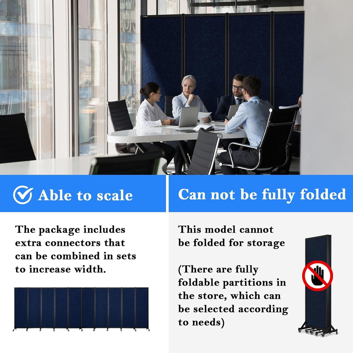 Upgrade Version Room Partition and Divider, Freestanding Rolling Dividers with Wheels,Office Privacy Screen Divider Wall,Classroom Felt Dividers,6'L* 6'7"H,3 Panel,Blue