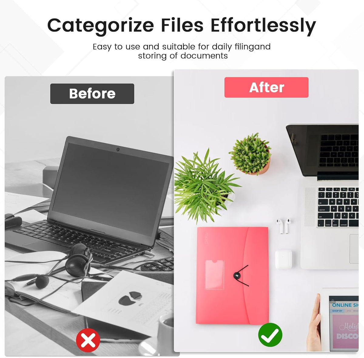 13 Pocket Expanding File Folder Accordian File Organizer, A4 Letter Size Paper Document Receipt Holder for School Office Supplies, Pink