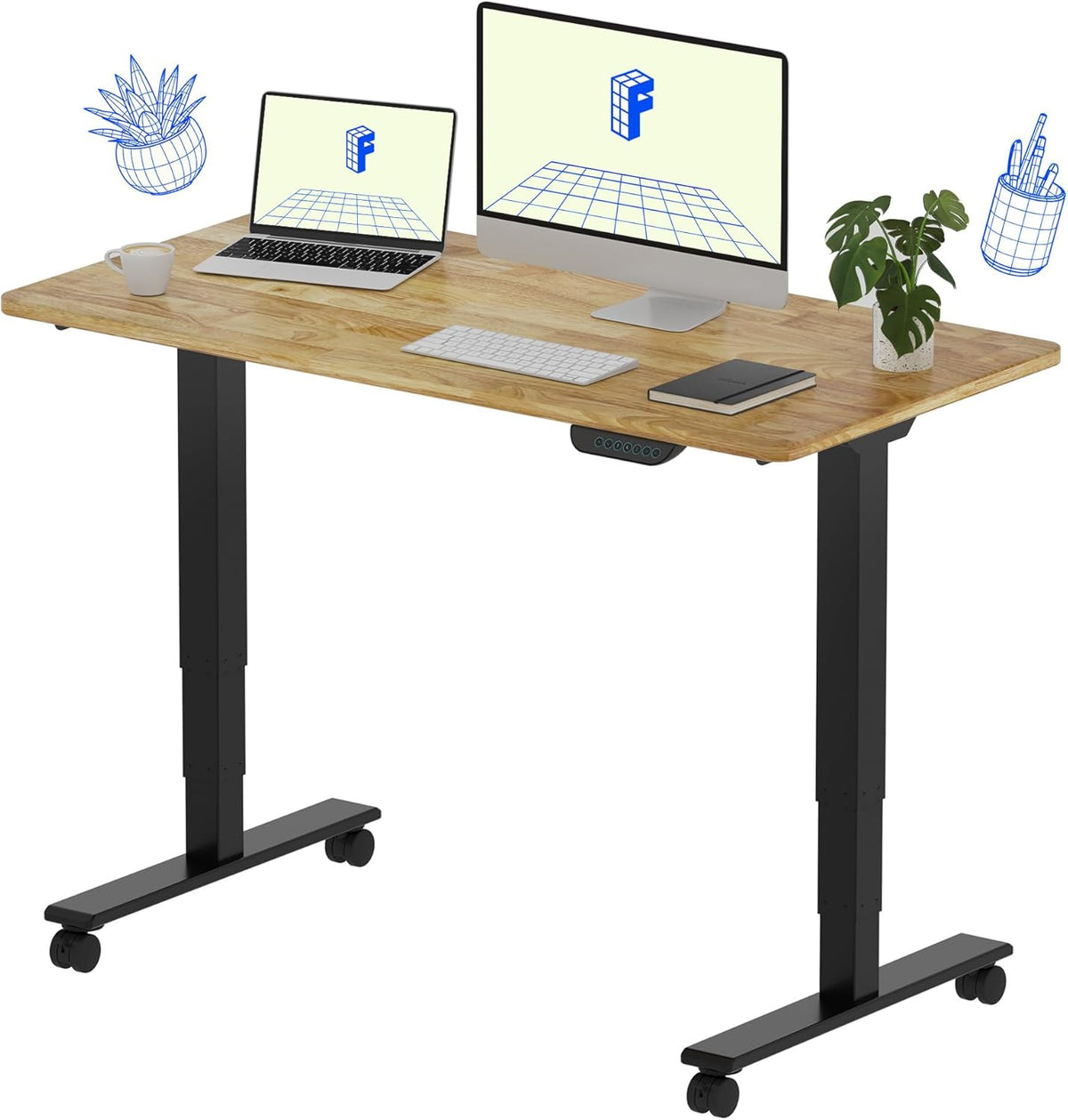 FLEXISPOT E6 MAX Rubber Wood Dual Motor 3 Stages Standing Desk 48x24 Inch Whole-Piece Board Electric Height Adjustable Stand Up Desk 150KG Load Capacity(Black Frame + Rubber Wood Desktop)