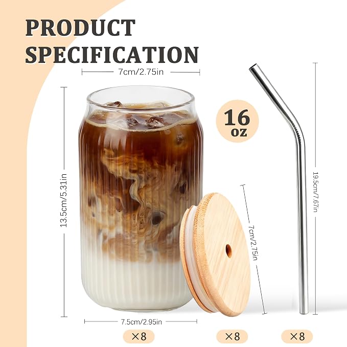 8 Packs Ribbed Glass Tumbler with Lid and Straw Ice Coffee Cup Kitchen Gadgets 16 oz Apartment Essentials New Home Must Haves Things Stuff Accessories House Warming Housewarming Hostess Host Gift