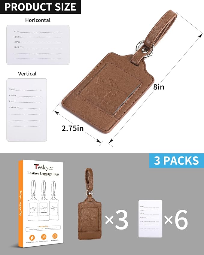 Teskyer Luggage Tags, 3 Pack Premium PU Leather Luggage Tags