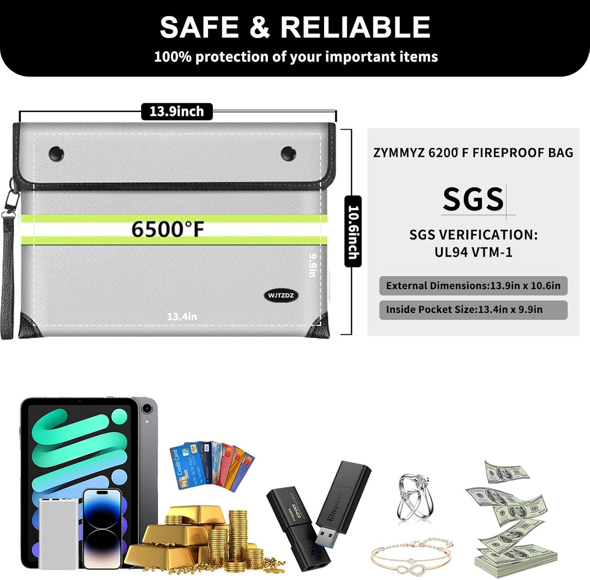 Upgraded Fireproof Document Bag with Waterproof Zipper,9 Layers of Heat Insulated Materials,6200°F Fireproof Money Bag for Cash,Valuables and Important Documents
