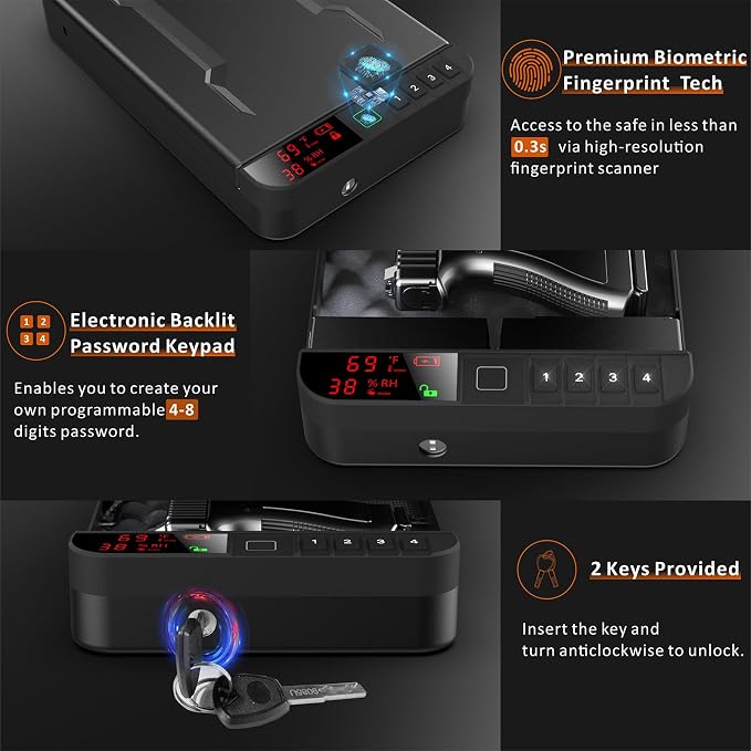 Portable Gun Pistol Safe with LCD Display of Temp, Biometric Fingerprint