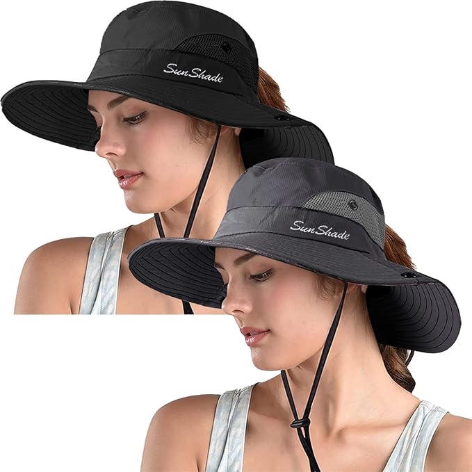 ZOORON Women's Ponytail Safari Sun Hat, Wide Brim UV Protection Outdoor Bucket