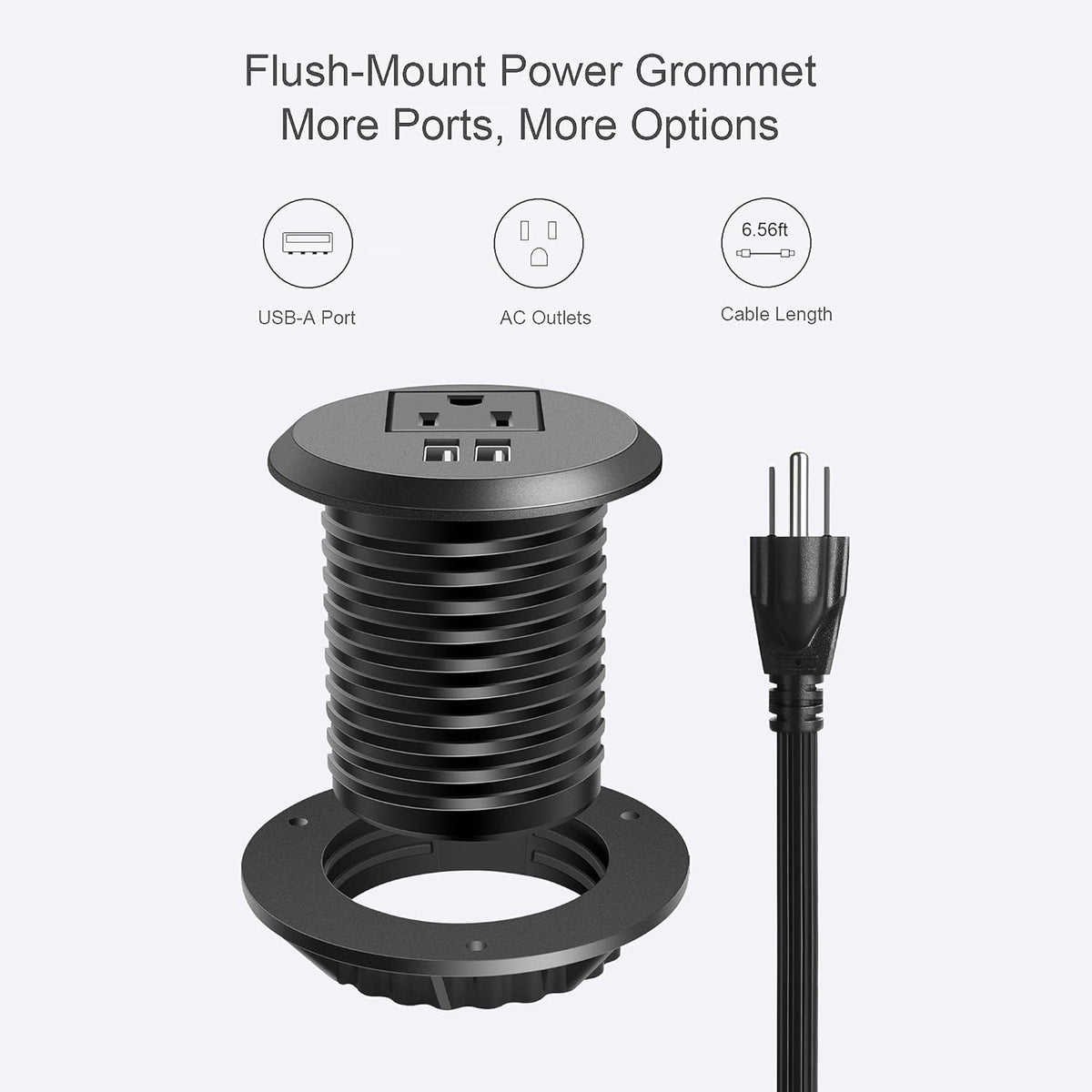 Jgstkcity Desktop Power Grommet, 2 inch, Black, 1 AC Outlet and 2 USB Ports, 6.56ft Cable, Fire Resistant Outer Shell