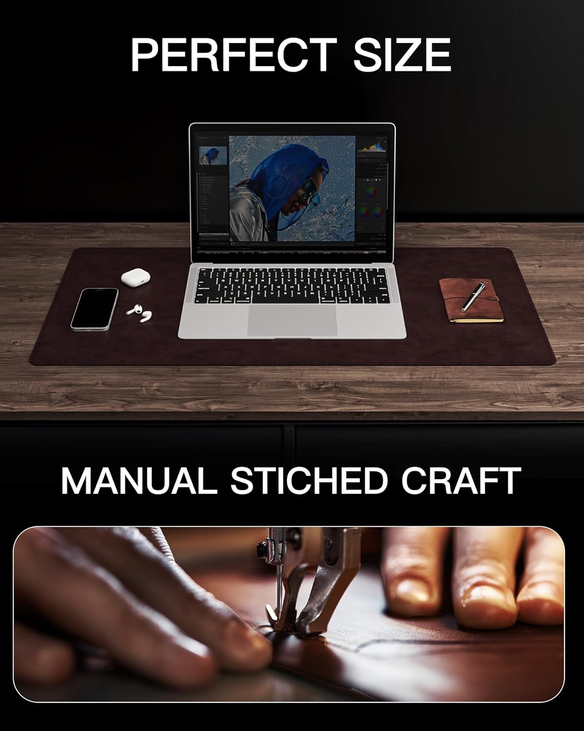 YSAGi Genuine Leather Desk Mat, 31.5"x15.8" Office Desk Pad, Thick Premium Table Pad with Stitched Line, Non-Slip Laptop Writing Pad with Rubber Base (Dark Brown, 31.5"x15.8")