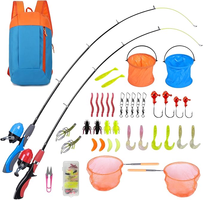 Urban Deco Kids Fishing Pole Kit 2 Pack, Portable Telescopic Kids Fishing Rod