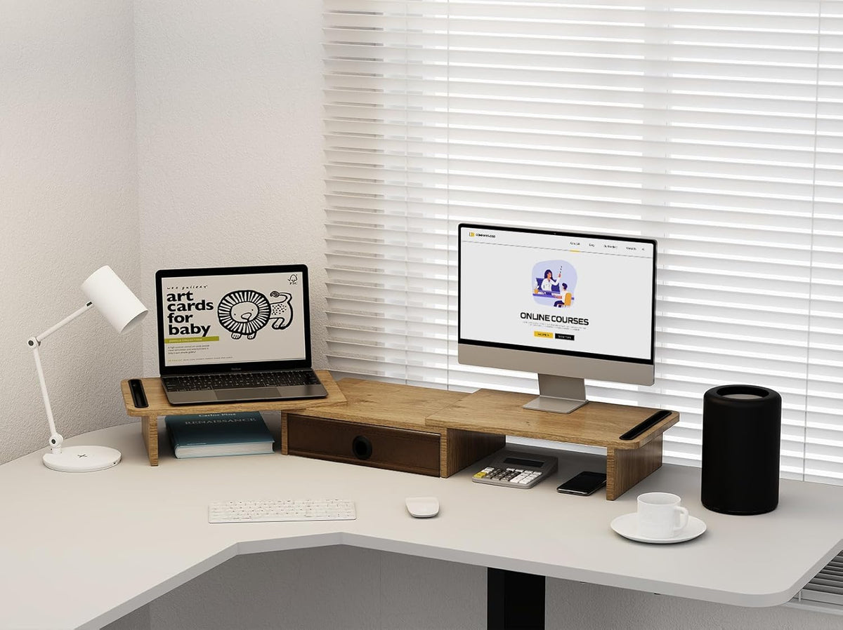 Dual Monitor Stand Riser with Drawer-Adjustable Length and Angle, Monitor Stand Riser for 2 Monitors, Desktop Organizer Stand for Computer/Laptop/PC/Printer (Oak)