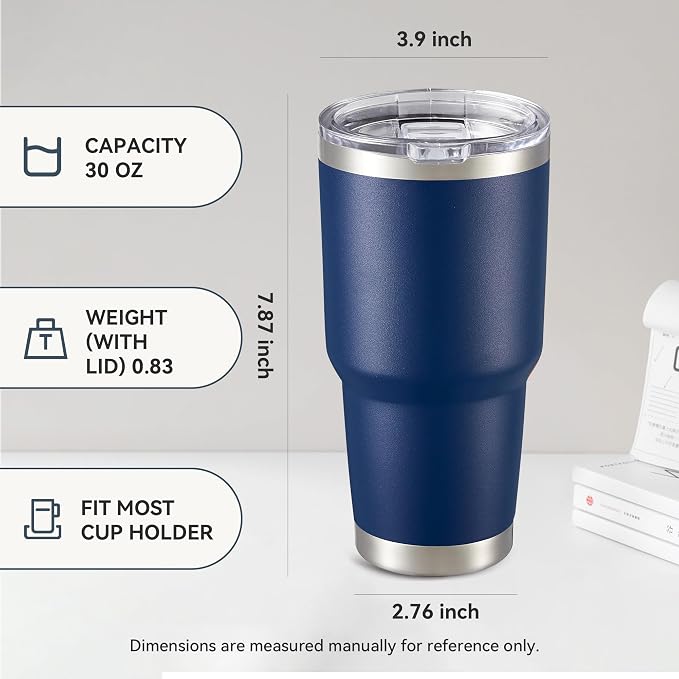30 oz Tumbler with Lid Stainless Steel Tumblers Bulk Vacuum Insulated Cup Reusable Powder Coated Travel Mug Double Wall Leak Proof Cups Keep Cold Drinks for 12 Hours Navy, Set of 8