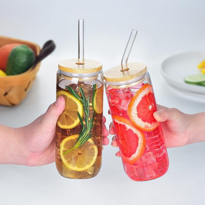 SENTVEND 20 Oz Drinking Glasses with Bamboo Lids and Glass Straw - 6 Pcs Glass Cups Beer Ice Coffee Glasses Cute Aesthetic Cup Great for Coffee Bar Accessories Include 2 Cleaning Brushes
