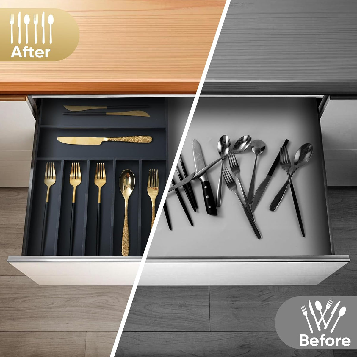 Silverware Organizer, 12.5 Inch Utensil Organizer Kitchen Drawer Organizer Bamboo Silverware Holder Cutlery Tray Organizer in Drawer Flatware Organizer Tray(7 slots, Black）