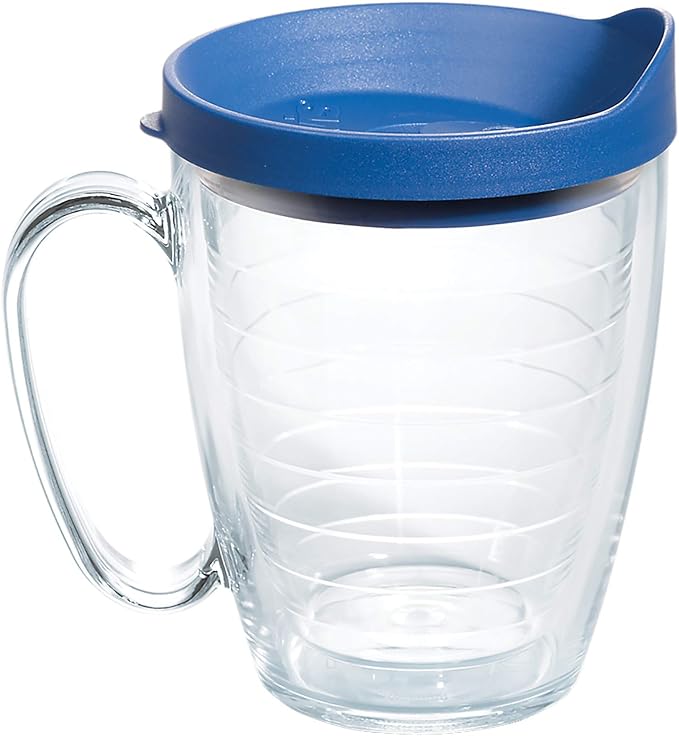 Tervis Clear & Colorful Lidded Made in USA Double Walled Insulated Tumbler Travel Cup Keeps Drinks Cold & Hot, 16oz Mug, Blue Lid