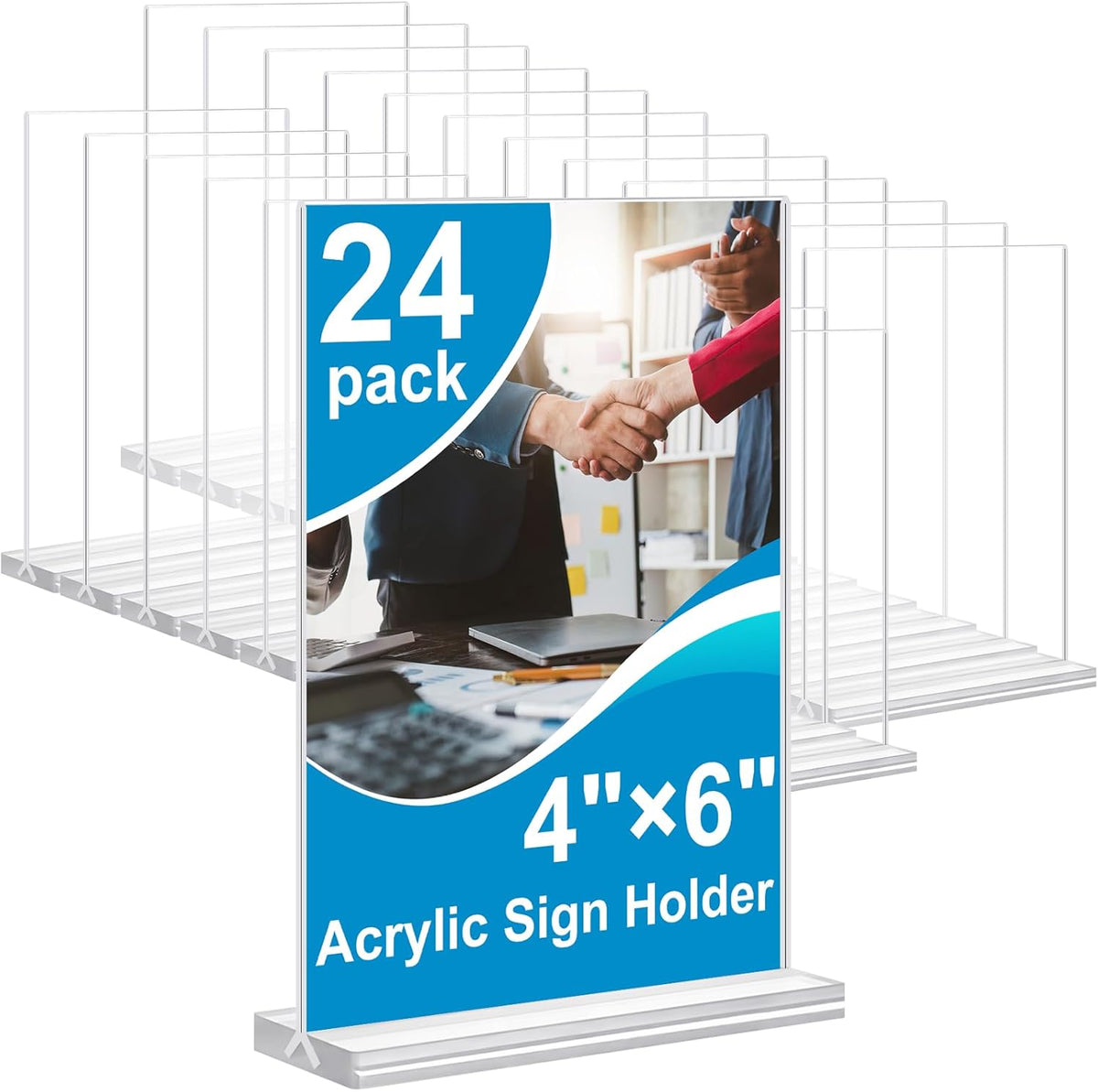 Acrylic Sign Holder 4x6 Inches 24 Pack, Double Sided Clear Display Stand Table Top Sign Paper Holder, Vertical Menu Flyer Holder, Plastic Sign Frame for Stores, Restaurants, Hotels, Office