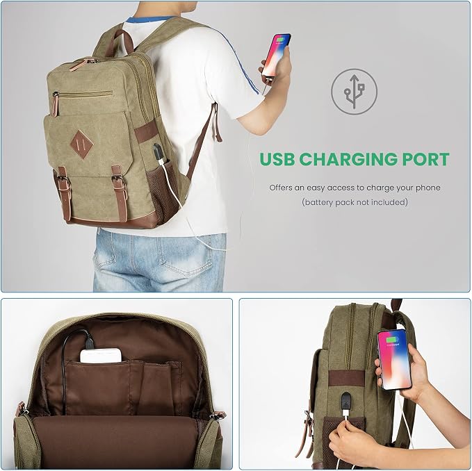 Modoker Vintage Backpack for Men Women, Canvas Bookpack Fits Most 15.6 Inches