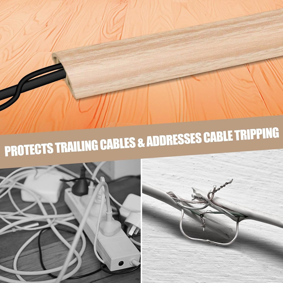 Floor Cord Cover Self Adhesive Cord Hider,3.3FT Cable Management, Extension Strip Protector for Wires, Prevent Cable Trips for Offices, Gyms, Exhibitions Cavity:0.51"(W) x0.3(H) WoodLightyellow