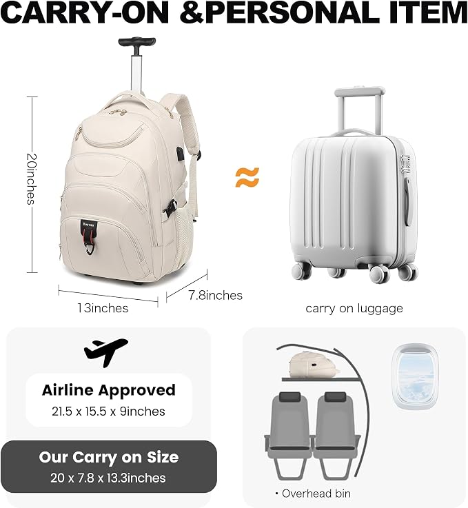 Boavan Rolling Backpack for Women, 17.3 Inch Wheeled Laptop Backpack, Large
