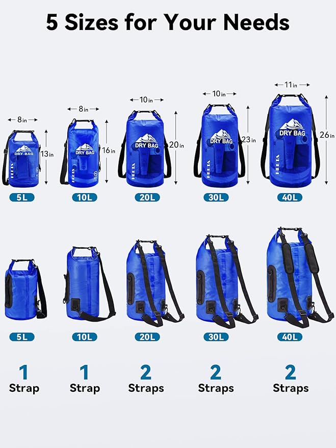 HEETA Dry Bag Waterproof for Women Men, 5L/10L/20L/30L/40L Roll Top Lightweight Dry Storage Bag Backpack with Phone Case for Travel Swimming Boating Kayaking Paddle Board Camping Beach Accessories