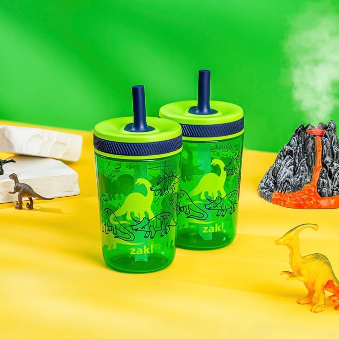 Zak Designs Kelso 15 oz Tumbler Set, (Dino Camo) Leak-Proof Screw-On Lid with Straw Made of Durable Plastic and Silicone, Perfect Cup Bundle for Kids (2pc Set)