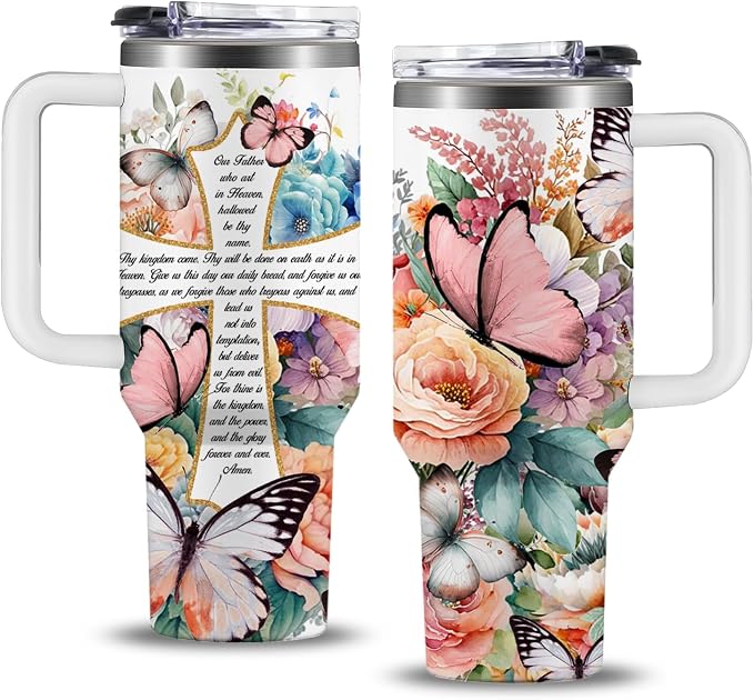 Christian Gifts for Women, 40 oz Christian Tumbler with Handle, Christian Birthday Gifts for Women, Religious Gift for Flower Butterfly Lords Prayer Cross Christian Cup