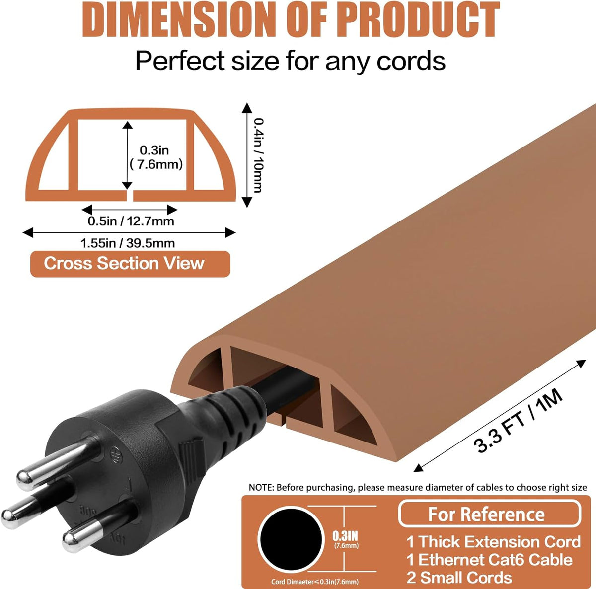 Floor Cord Cover Self Adhesive Cord Hider,3.3FT Cable Management, Extension Strip Protector for Wires, Prevent Cable Trips for Offices, Gyms, Exhibitions Cavity:0.51"(W) x 0.3"(H) Brown