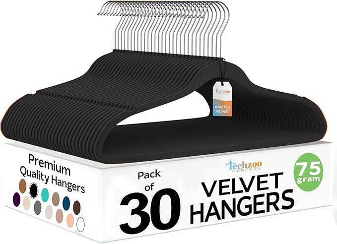 Premium Black Velvet Hangers 30 Pack – Space Saving Felt Hanger, Non Slip
