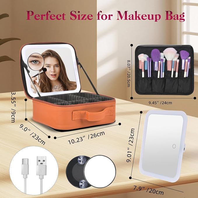 Travel Makeup Bag With LED Mirror, Makeup Travel Train Case with 3 Color Setting
