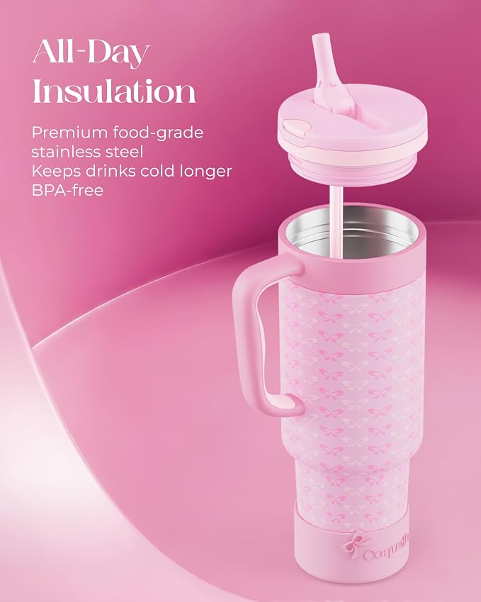 40 oz Insulated Tumbler with Handle and Push-Button Straw Lid, Stainless Steel Travel Cup for Gym Office, Leakproof, BPA-Free, Cup Holder Friendly, Bow Silicone Boot, Pink (Coquette Candy)