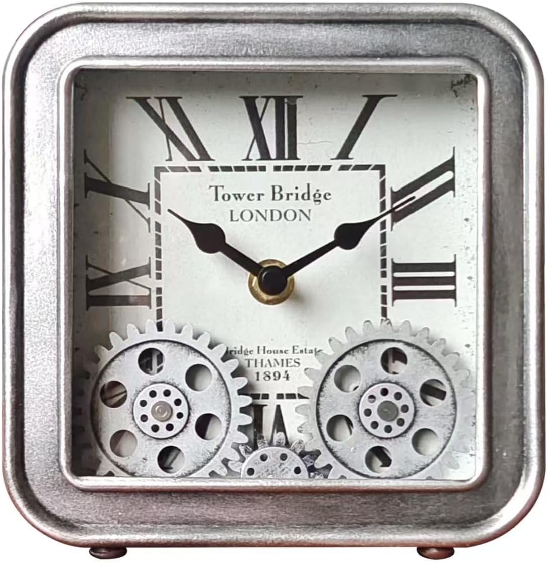 Desk Clock Vintage Metal Table Clocks with Moving Gears, Silent Retro Industrial Steampunk Quartz Small 6 inch End Table Clock for Home Office Living Room Decor Battery Operated