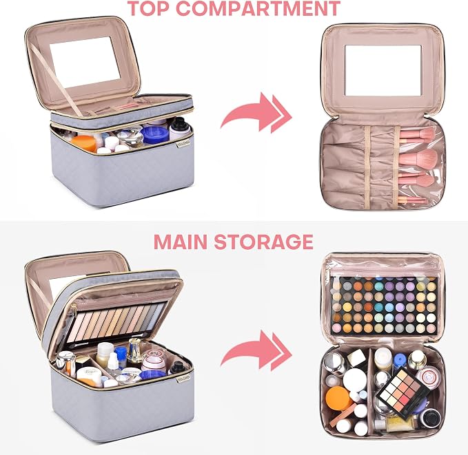 Large Makeup Bag with Mirror Double Layer Travel Make Up Organizer Case
