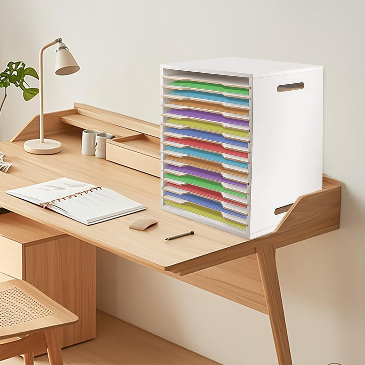 13"x16" Wooden Construction Paper Organizer, 15 Tier Larger Size Literature Organizer with Adjustable Shelves Letter Mail Tray Craft & Stamp Stackable Cardstock Storage Rack for Home Office Classrooms