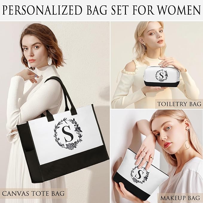 Personalized Christmas Gifts for Women, Initial Canvas Tote Bag & Makeup Bag
