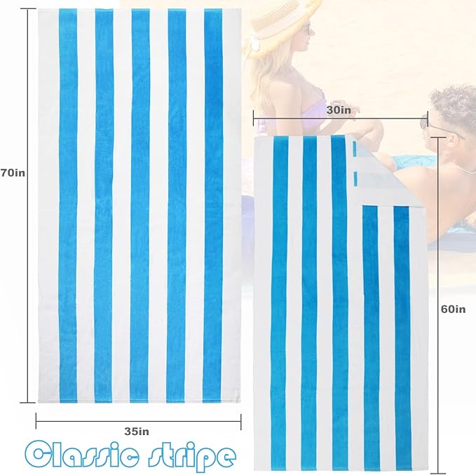 Exclusivo Mezcla 2 Pack Cotton Oversized 35x70 Inches Cabana Stripe Beach Towels, Super Absorbent Soft Plush Pool Bath Towel (Blue)