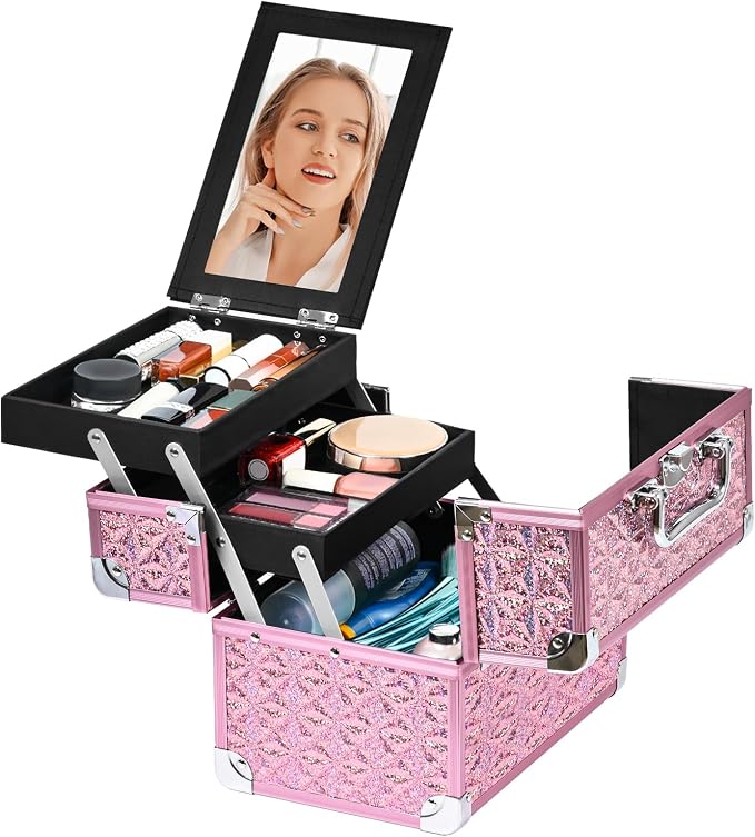 Makeup Case Organizer, Makeup Train Case, Trays Cosmetic Box Portable,